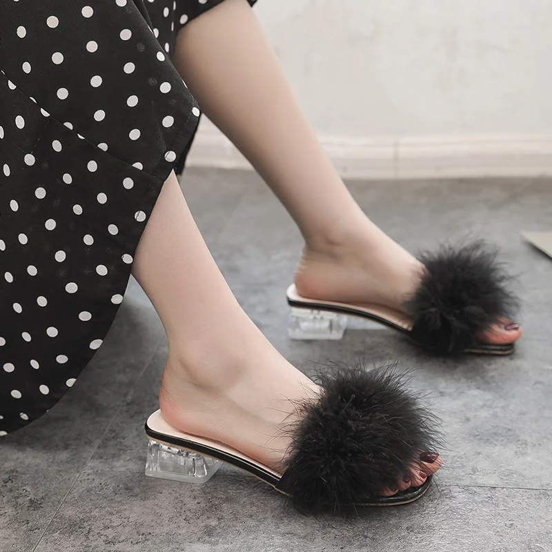 Тапочки из страусиного меха ярких цветов Женские меховые сандалии на толстом