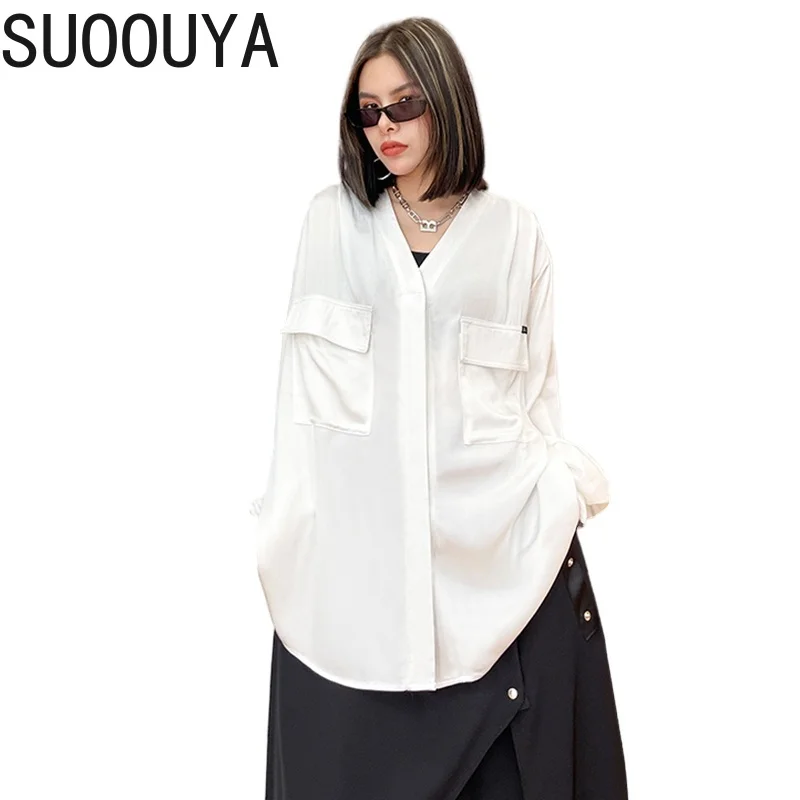 

[SUOOUYA] Women V-collar White Pocket Split Big Size Blouse New Long Sleeve Loose Fit Shirt Fashion Tide Spring Autumn Tops 2021