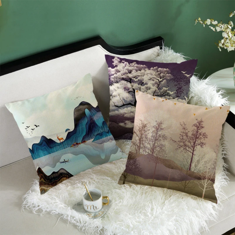 

Fuwatacchi Linen Cushion Cover Landscape Painting Pattern Throw Pillow Covers for Couch/Car Home Sofa Decor Pillowcases 45x45cm