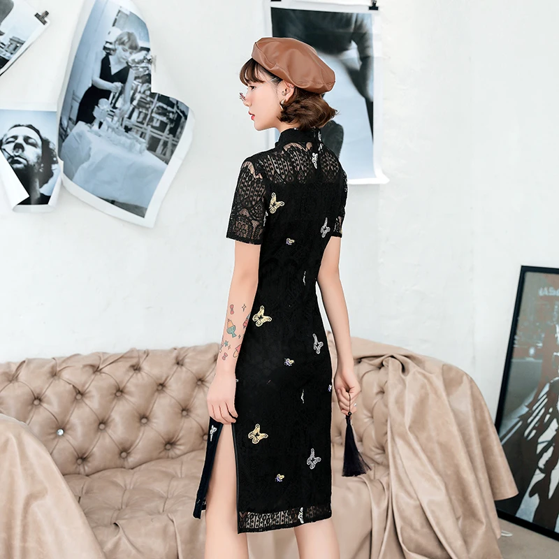 

New Arrival Lace Sexy Short Qipao Black Elegant Mandarin Collar Cheongsam Vestidso High Split Handmade Button Chinese Dress