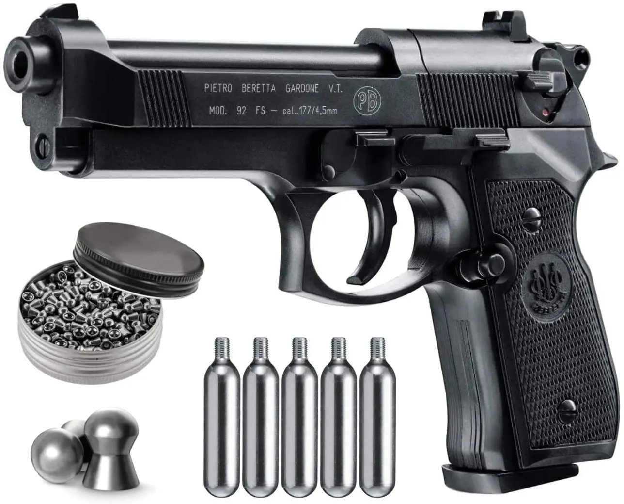 

Beretta M92Fs Blowback Air Gun with 5X12 Co2 Tanks and Pack of 500Ct Lead Pellets Bundle Metal Wall Sign Metal Painting