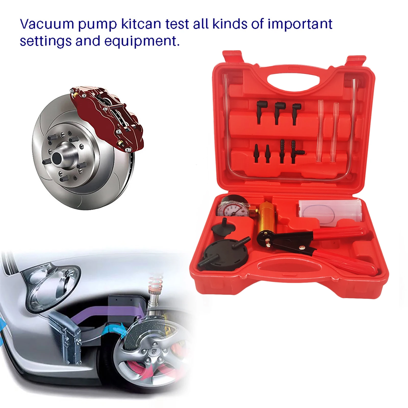 Набор для автомобилей с ручным тестером и многофункциональным насосом для вакуумной помпы с адаптером для воздухоотводного штуцера в переносном чехле.