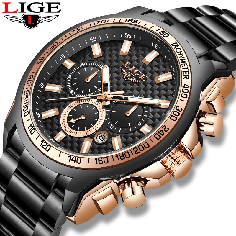 Часы наручные LIGE Мужские кварцевые модные брендовые роскошные в стиле милитари с