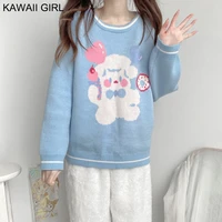 japanese sweet soft girl sweater women blue o neck long sleeve knitting pullover kawaii girl cute cartoon print pull female tops