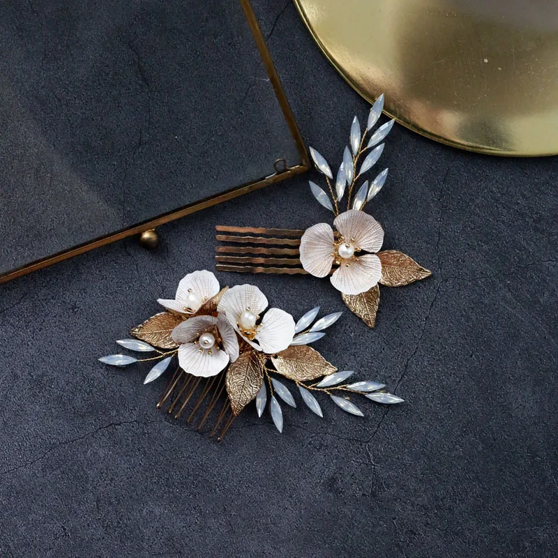 Опал головные уборы с жемчугом в форме цветка листа расчески для волос шпильки