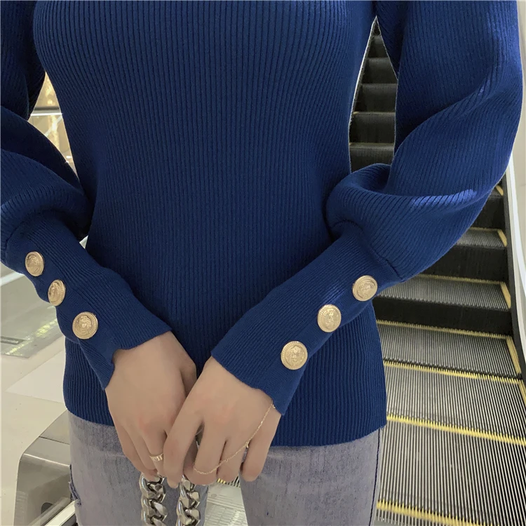 

Korean Slim Knitted Pullover Sweater Women Full Sleeve O-neck Buttons Tops Fashion Ladies Jumpers Femme 2021