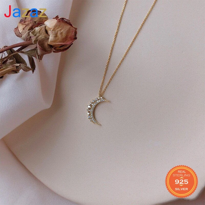 

Jazaz 925 Sterling Silver Pave Crystal Moon Pendant 14k Gold Plating Clavicle Chain Necklace Women Simple Temperament D001713