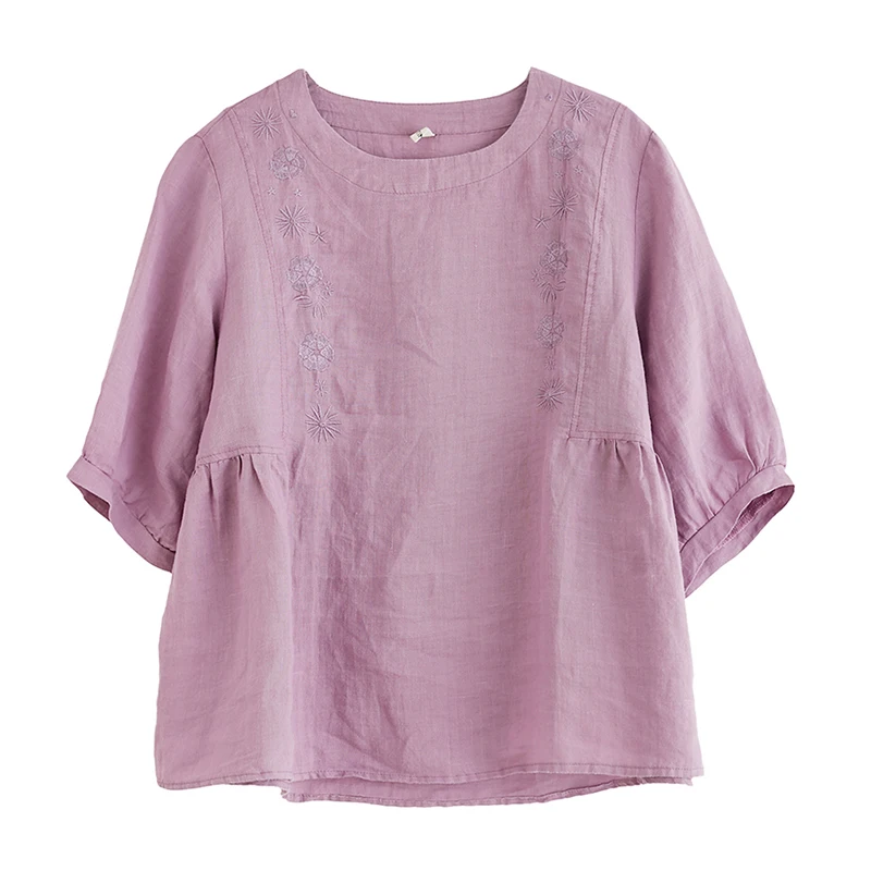 

Vintage cotton linen women t-shirts 2020 summer solid embroidery half sleeved loose cotton patchwork pleated female pulls tops