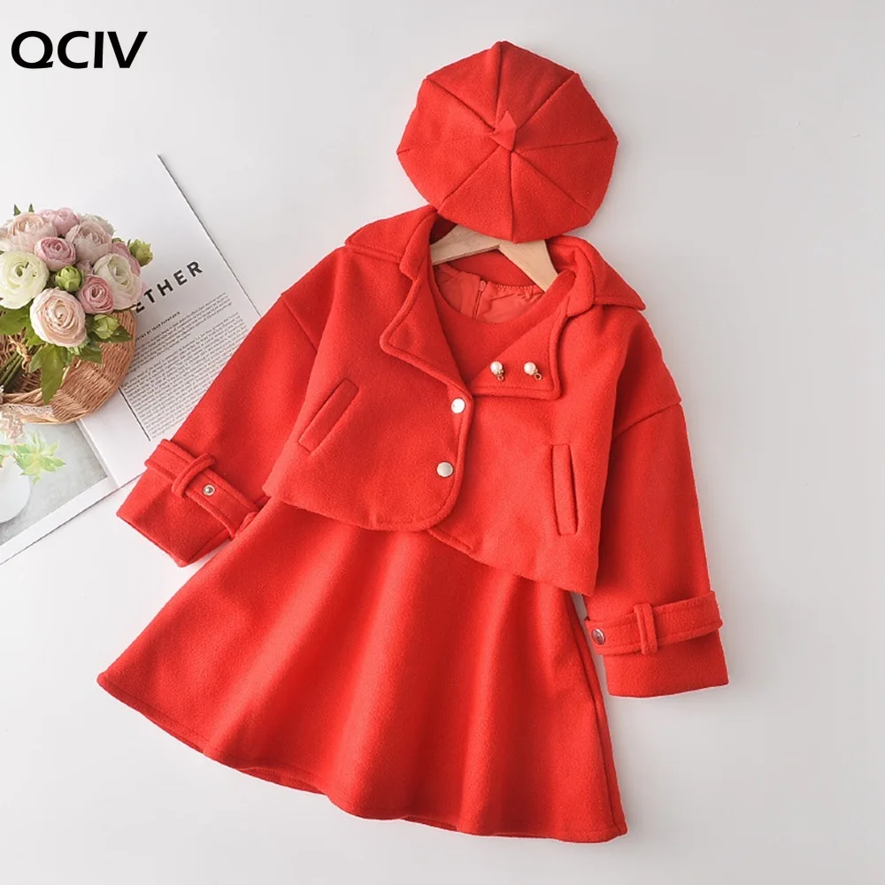 

Fashion Outfits Girls 2PCS Woolen Princess Clothes Set Long Sleeve Coat Outwear+Tank-Dress Kids Children Autumn Suit+Hat