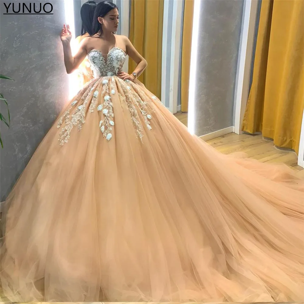 

YUNUO Champagne Sweetheart Tulle Prom Quinceanera Dresses with Lace Appliques Princess Ball Gown Evening Dress vestidos de noite