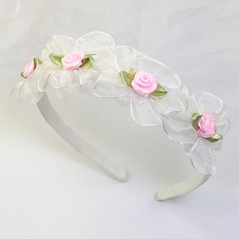 

Girls Wedding Agaric Mesh Veil Headband Glitter Powder Trim Artificial Flower Wreath Crown Hair Hoop First Communion