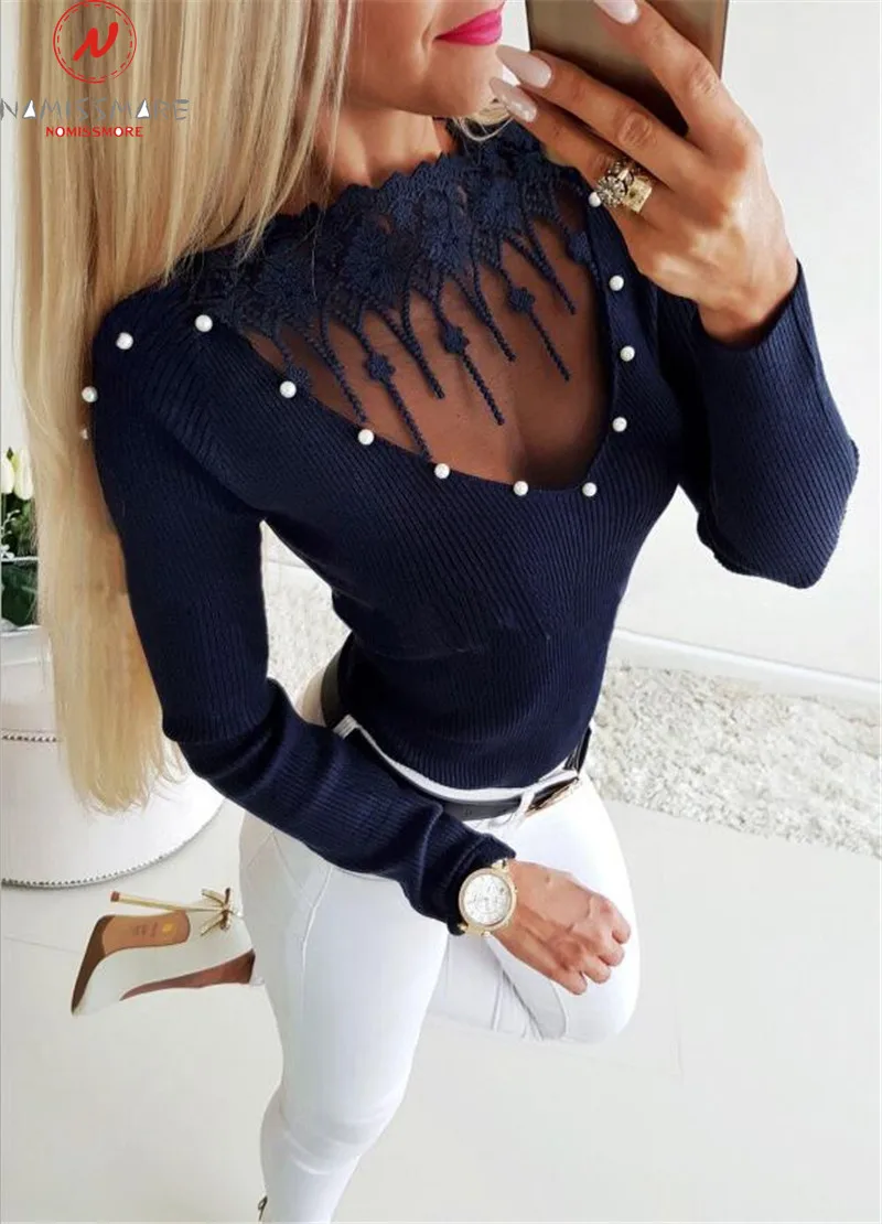 Женская футболка в уличном стиле с кружевом украшенная бисером круглым вырезом