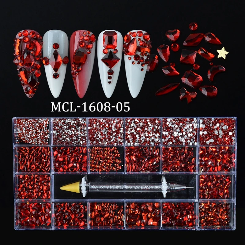 

X7JA 21 Grids Glass Crystals Nail Art Mix Sizes Golden Flat Back Decoration Set with Rhinestone Dotting Pen DIY Accessories