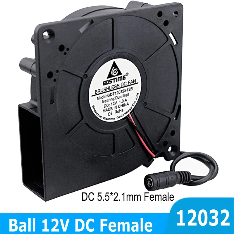 

Gdstime Dual Ball 12V DC Female 5.5X2.1MM Connector 12cm 120MM 120X120X32MM 12032 Centrifugal Blower Turbo Cooler Cooling Fan