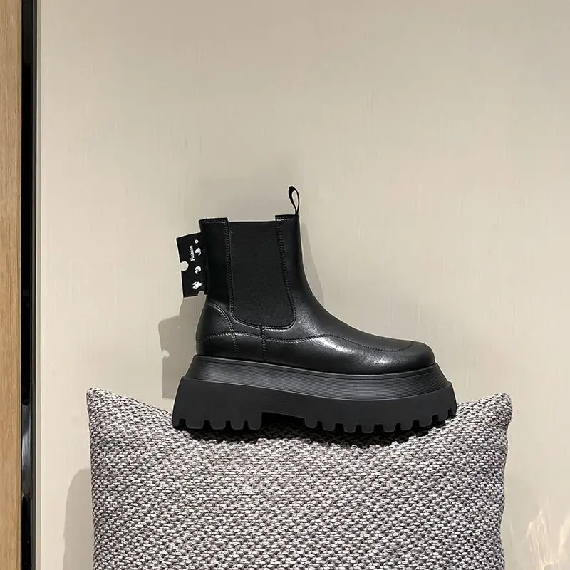 

2021 Women's Ankle Boots Platform Punk Shoes Chelsea Fashion Black Chunky Female Winter Motorcycle Slip-on British Style