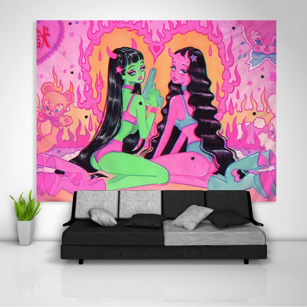 

Kawaii Women Wall Hanging Tapestry Anime Cute Girl Illustration Tapestries Aesthetic Art Walposter Sofa Table Cover