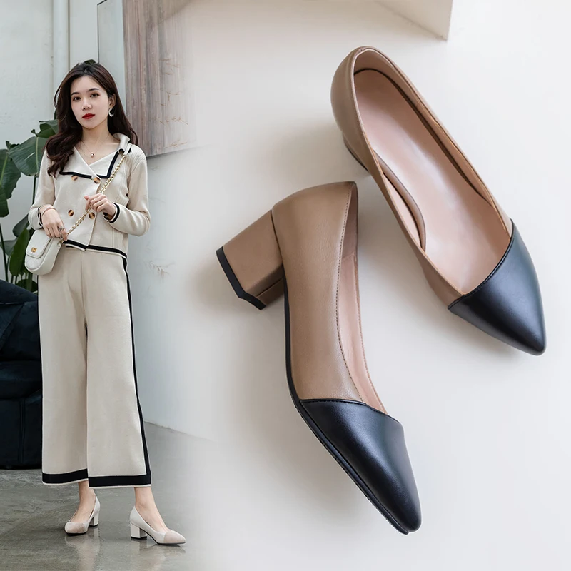 

2020 spring new Women Pumps Pointed Toe Women Shoes Fashion Thick heel Stitching cloth slip on Casual work Ladies Shoes 32-43