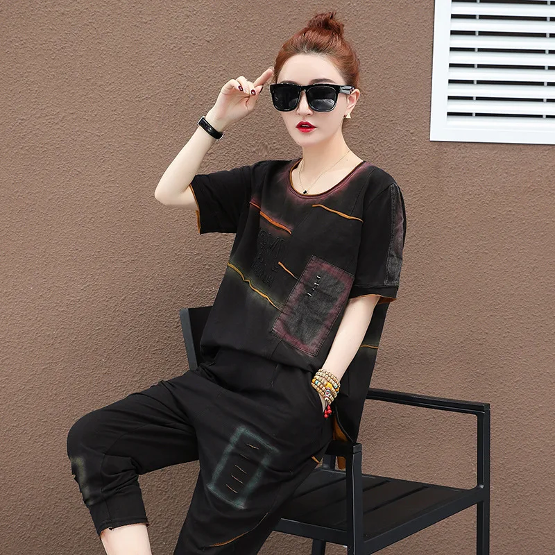 

Foreign Style Two-piece Suit Tracksuit Women With Hole Loose Sports Suits Women's Summer 2020 Free Size Vintage Retro Casual