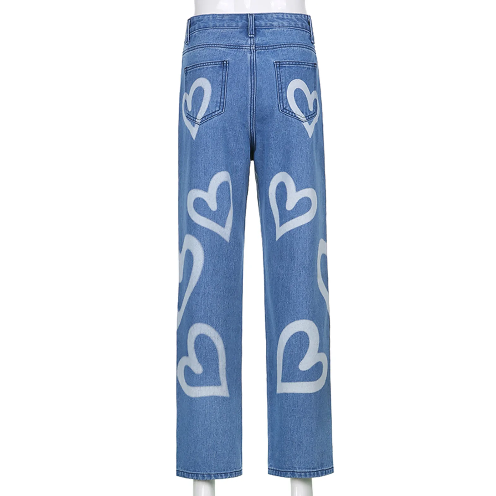 

2021 New Fashion High Street Women's Heart-shaped Printing Pockets High-Waisted Loose Slimming Straight-leg Jeans Long Trousers
