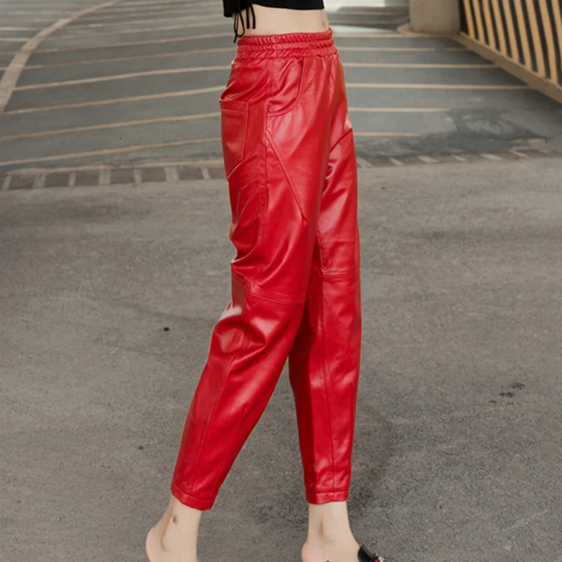 Женские брюки-карандаш из натуральной кожи красные повседневные осенние брюки
