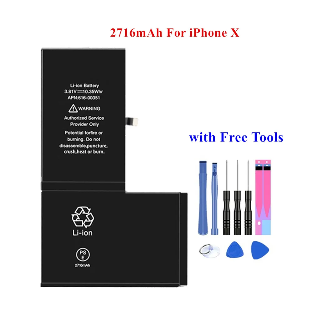 

Top Quality Batteries For iPhone X 10 Internal Li-Polymer Batteria 2716mAh with free Tools