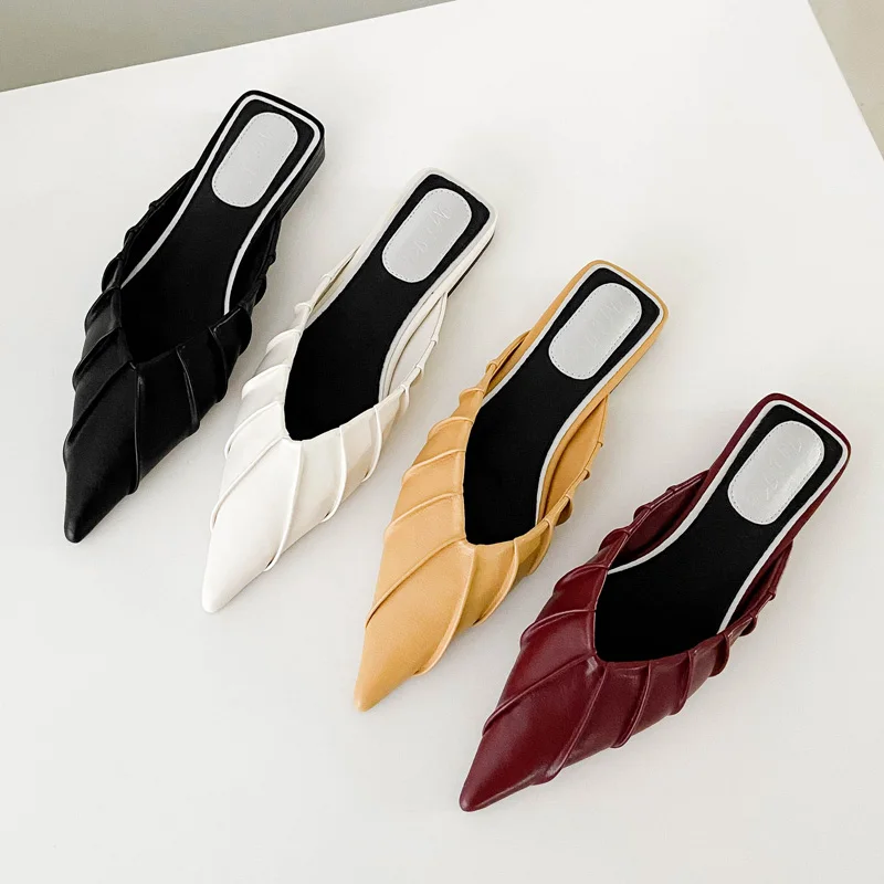 

Cover Toe Female Shoes Shallow Ladies' Slippers Low Mules For Women 2022 Loafers New Pointed Flat PU Bonded Leather Slides Micro