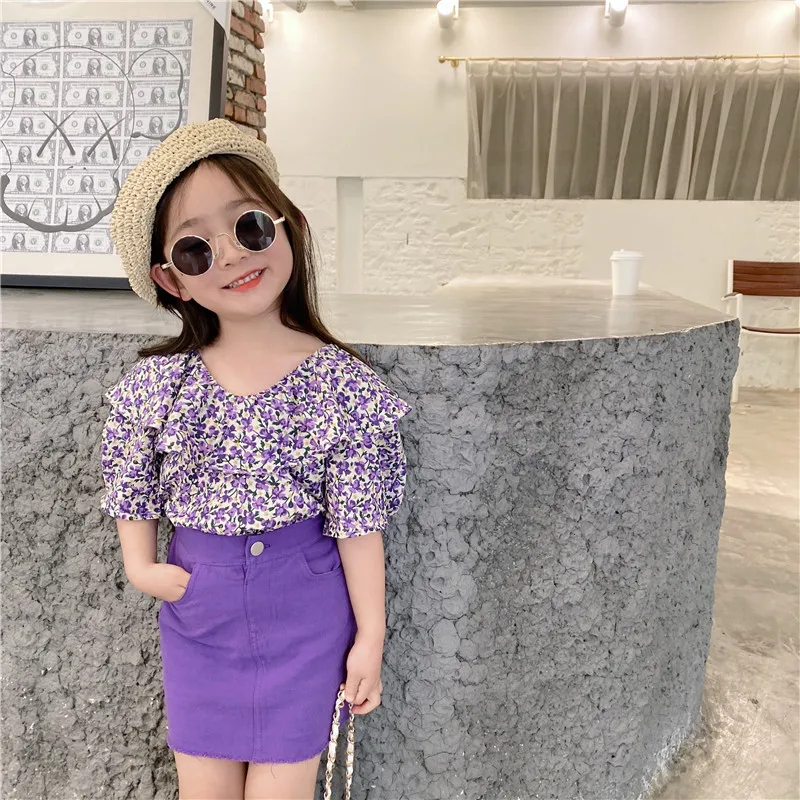 

Summer Kid Clothes Korean Fashion Flower Lotus Leaf Collar Shirt&skirt Little Girls Clothing Set Purple Children Outfits