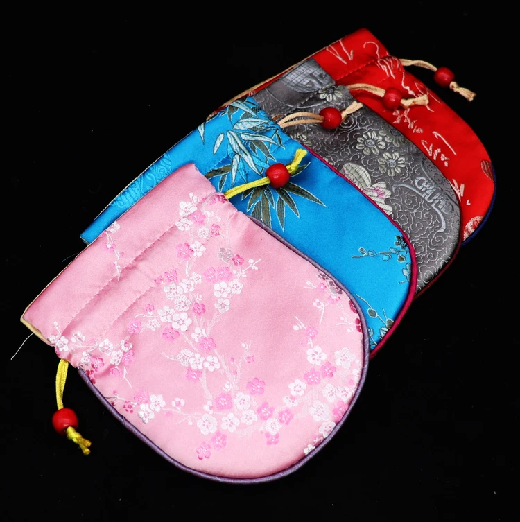 50pcs Cotton Filled Drawstring Silk Satin Brocade Jewellery Pouches Chinese style New year Gift Bags Coin Purse Bangle Storage
