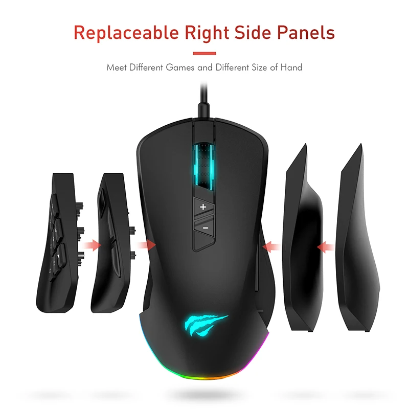 Havit игровая мышь 12000 dpi Проводная мышь с 14 программируемыми кнопками сменные боковые пластины, 2 Сменные правые пластины
