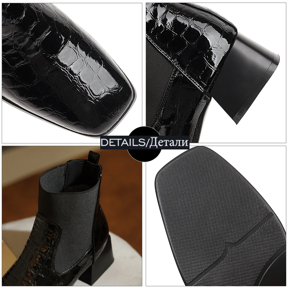 

WETKISS Square Toe Ankle Boots Women Chelsea Boot Female Chunky Heels Shoes Woman Slip On Winter Booties Med Heel Skid Proof Big