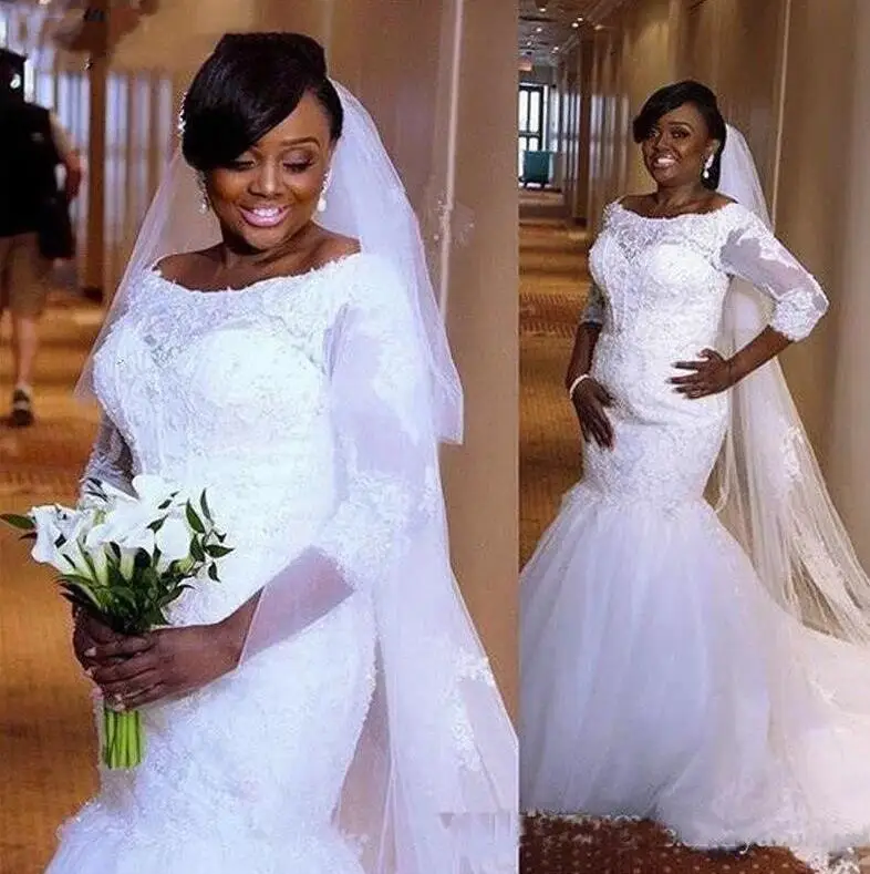 

Plus Size Mermaid Wedding Dresses Sheer Neck Quarter Three Sleeves 2021 Bridal Gowns African Dubai Arabic Marraige Dress