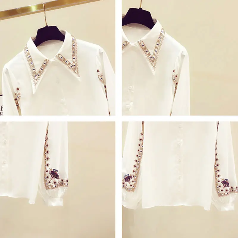 

Vintage Chiffon Embrodery White Women Shirts Summer 2021 Turn-Down Collar Long-Sleeved Loose Elegant Office Outwear Tops