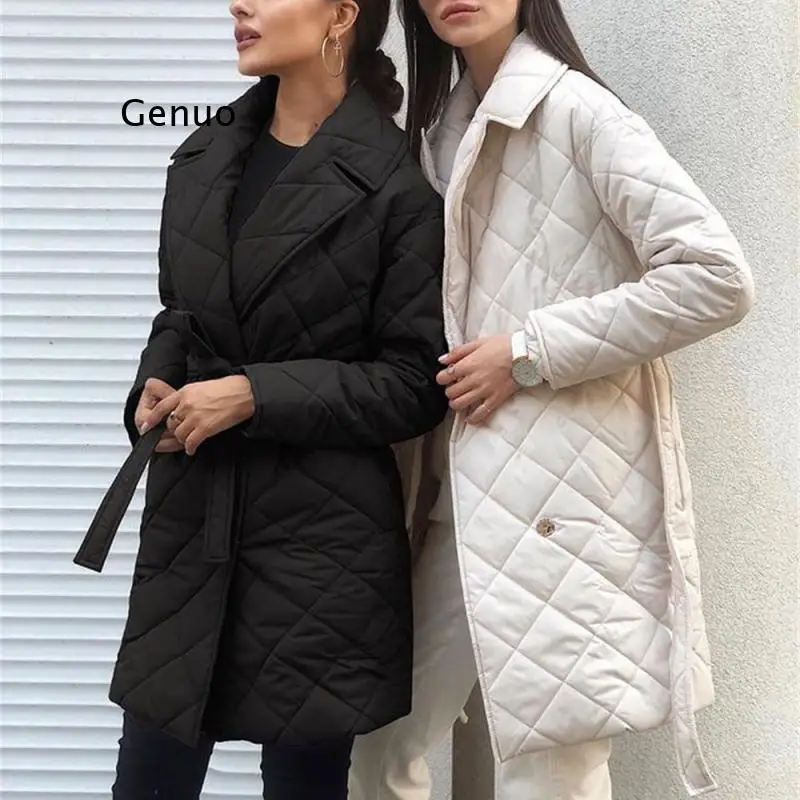 Lapel Mid-Length Padded Jacket 2022 Autumn and Winter Women's New Style Jacket Waist Pocket Padded Jacket Women