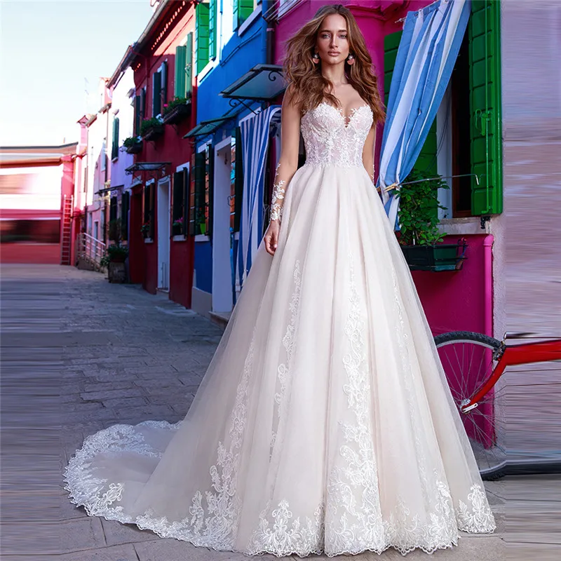 

Кружевное свадебное платье со шлейфом, с длинными рукавами, с кружевными аппликациями, на пуговицах, со шлейфом, на заказ, 2021