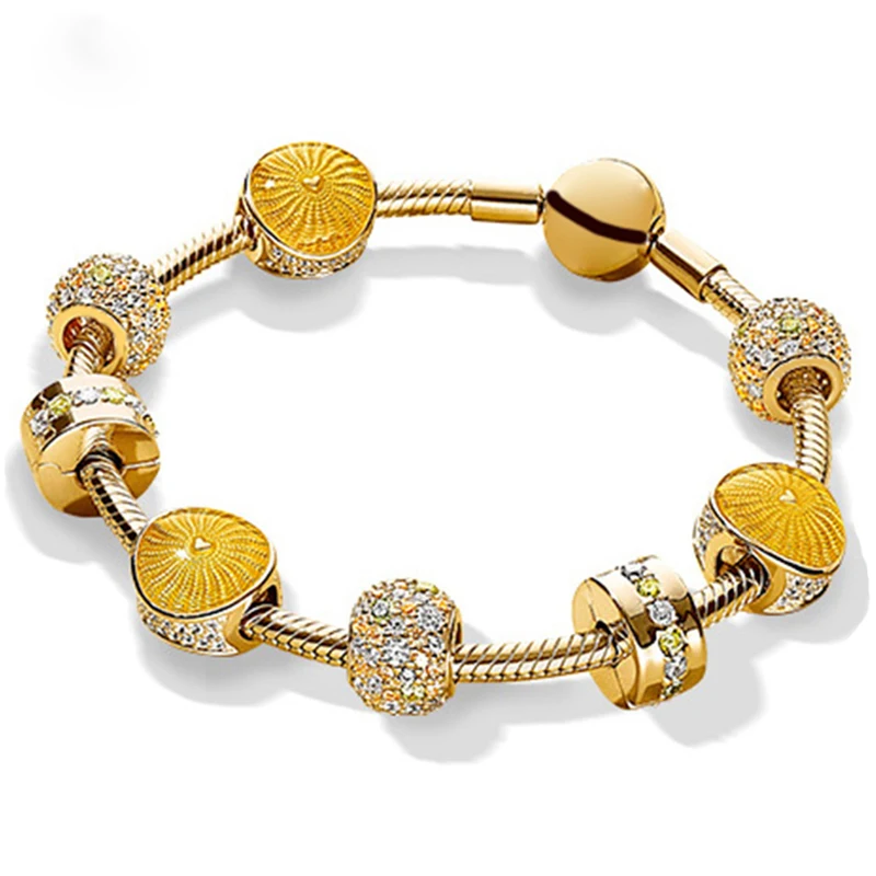 

NEW 100% 925 Sterling Silver Brand New 18 GOLD Color Bracelet Glitter Charm Sunlight Sunshine Bracelet Set For DIY Gifts