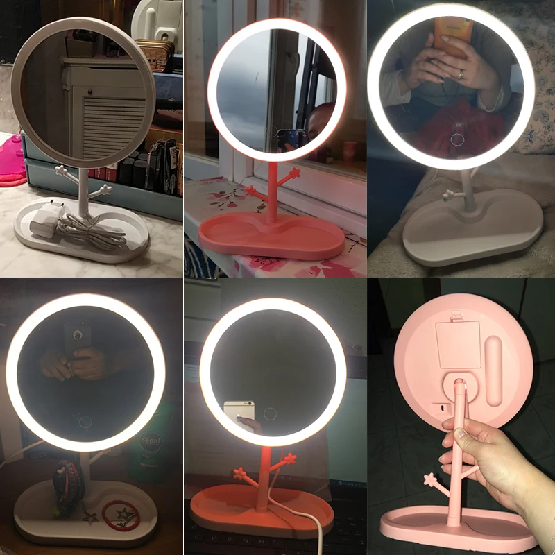 

LED Light Makeup Mirror With Branch Ladies Makeup Lamp With Storage Desktop Rotating Mirror Round Shape Makeup Table Mirrors