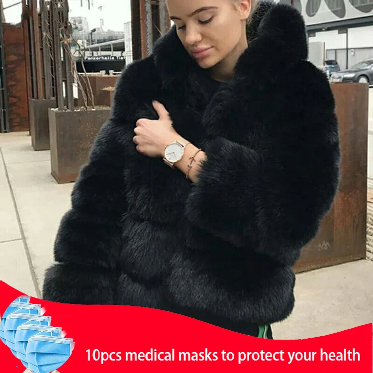 Куртка из искусственного меха с капюшоном и длинным рукавом женская зимняя новая