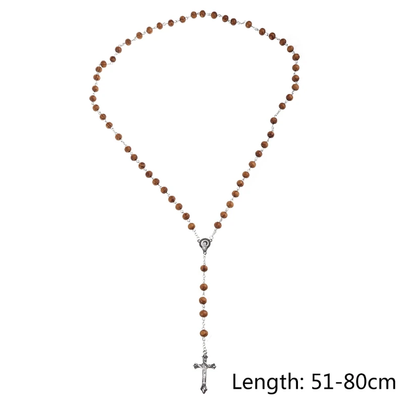 Retro Wooden Rosary Beads Necklace for Women Cross Jesus Pendant Religious Christian Jewelry Charm Gifts