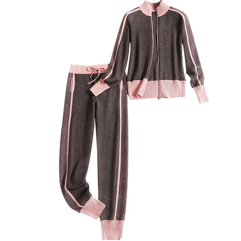 Женский трикотажный спортивный костюм кардиган на молнии и штаны модный