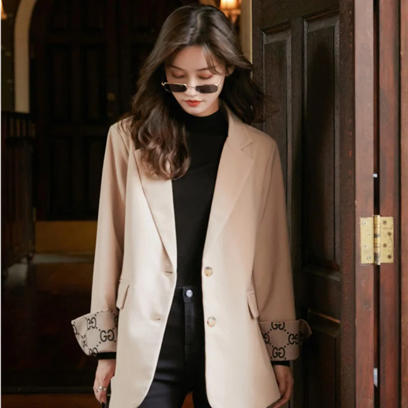 

IEQJ Women Apricot Vintage Minimalism Cozy Roll-sleeved Trend Blazer New Lapel Loose Fit Jacket Fashion Autumn 2021 3F0999