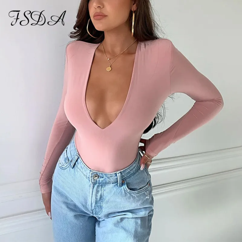 

FSDA V Neck Sexy Black Women Bodysuit With Shoulder Paid Long Sleeve Body Top Autumn Winter Solid Casual White Bodysuits
