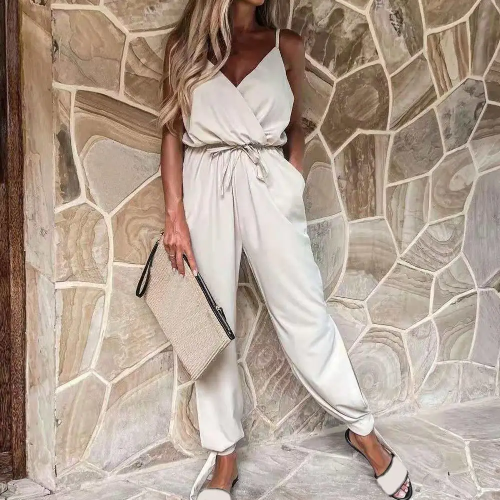 

Women Summer Deep V Neck Spaghetti Strap Backless Jumpsuit Solid Lace-up Overalls Elegant Slim Ladies Office One Piece Jumpsuits