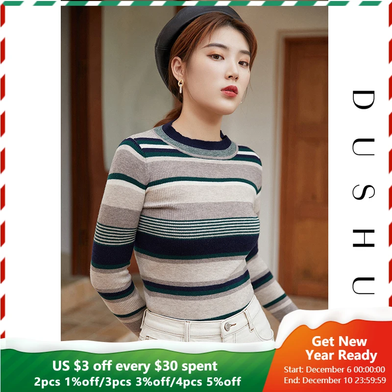 

Женский трикотажный свитер DUSHU, облегающий, с длинным рукавом, в полоску, на осень/зиму, элегантный, винтажный, размера плюс