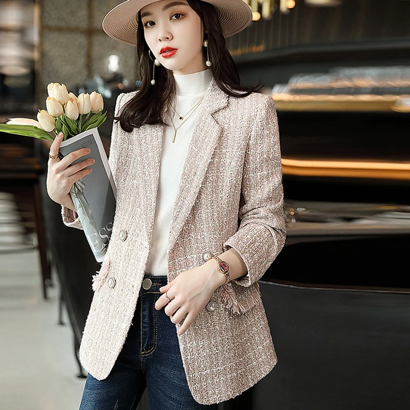 Autumn Winter New Plaid Woolen Coat Retro Double-Breasted Pure Color Tweed Jacket Elegant Women's Blazers Jacket s1267