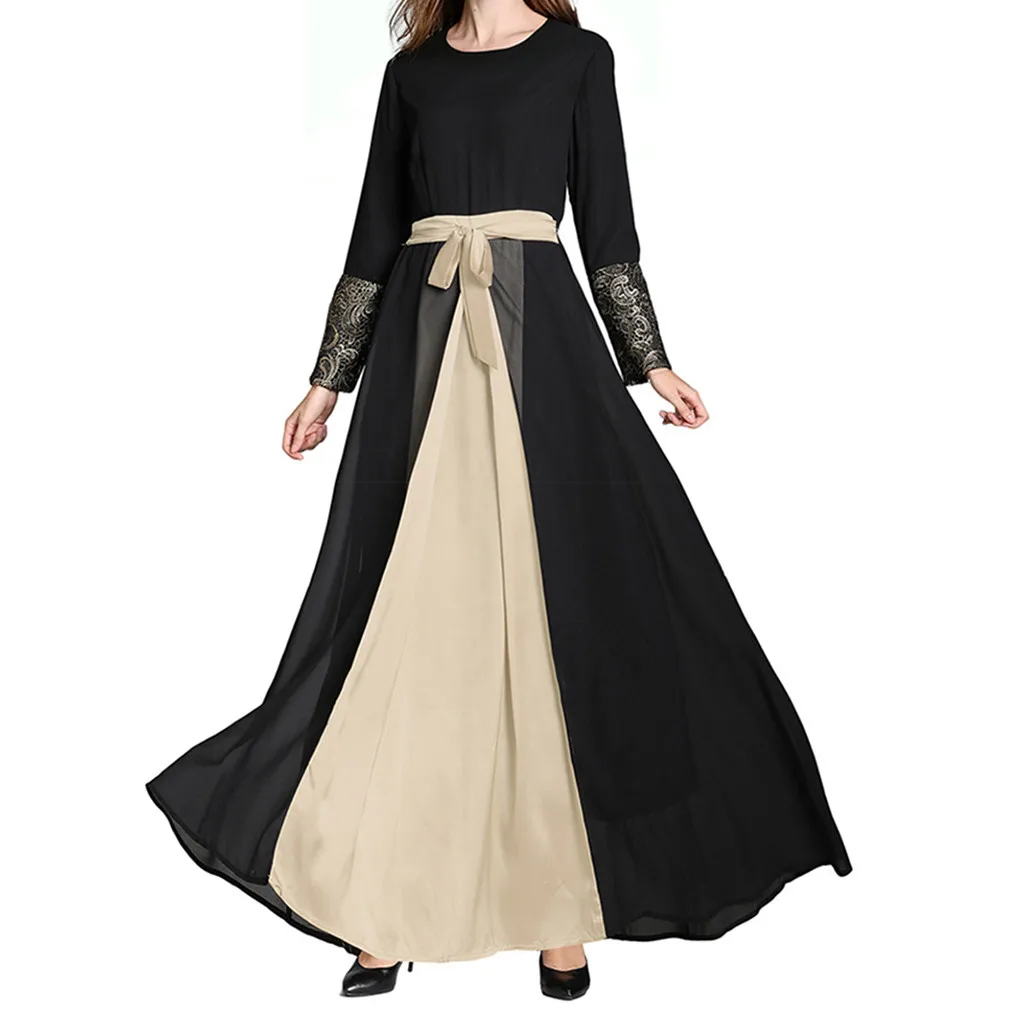 

Muslim Middle East Maxi Dress Trumpet Sleeve Abaya Long Robe Gowns Tunic Belt Women Dubai Turkey Islam Clothing Kaftan Robe