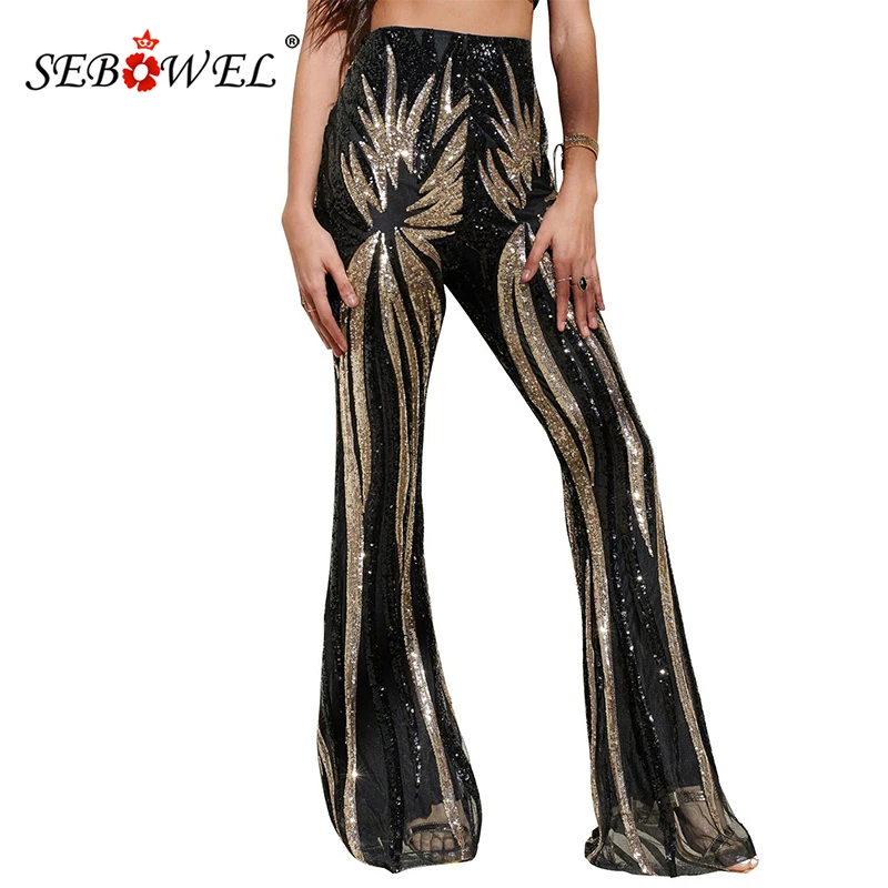 Женские брюки-клеш с блестками для танцев SEBOWEL черные эластичные брюки высокой