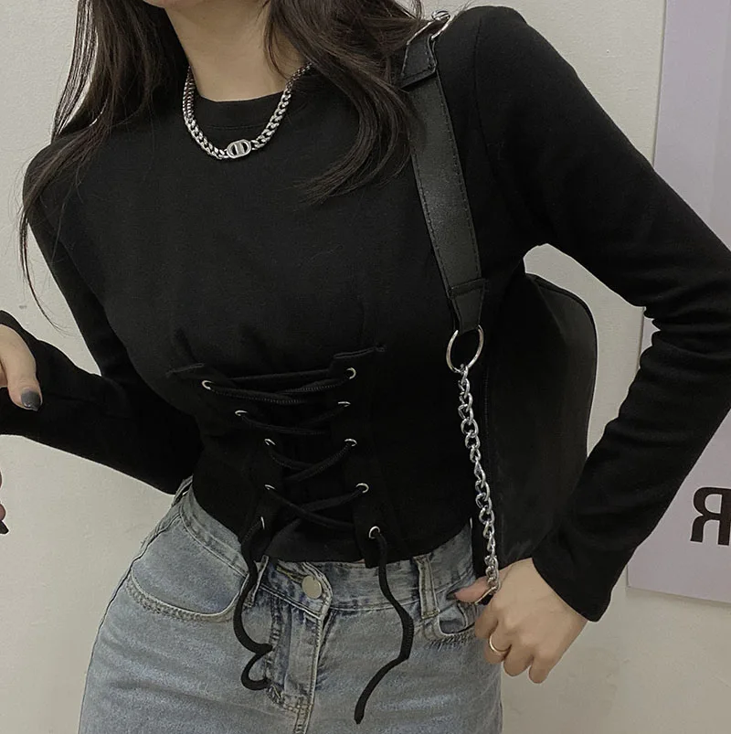 

GoneGoing 2021 New Spring Women Sexy Bandage Tshirt Long Sleeve Club Skinny Tie Up Crop Top T shirt 0225