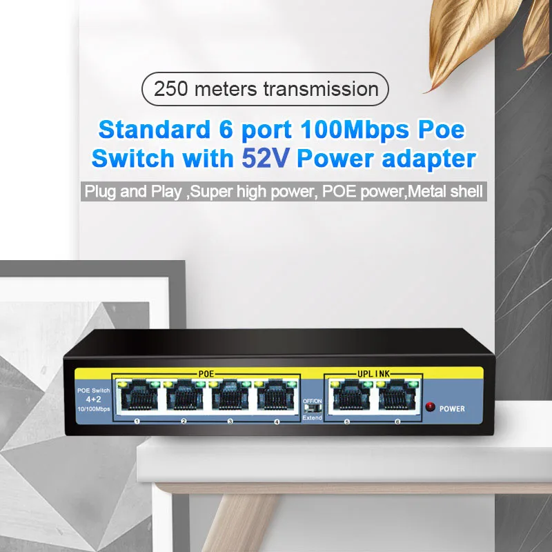 

2-Port 100M Uplink 4-Port POE 100 Mbps Full Gigabit 6-Port POE Switch 52V Internal Power Supply for Monitoring Camera