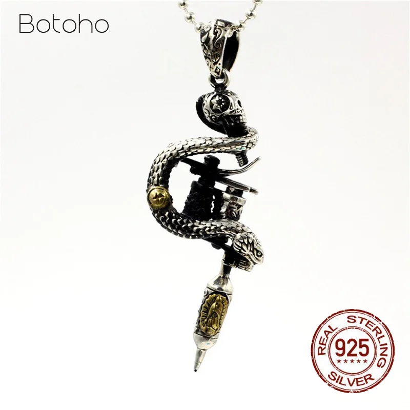 

925Silver Tattoo machine pendant for man 925 pure Sterling silver man pendant hand polished skull snake Madonna Thai silver punk