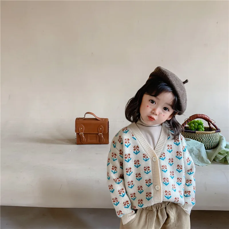 

Girl Sweater 2021 Autumn Winter New Korean Baby Girl Keep Warm Thick Flower Cardigan Jacket Retro Coat